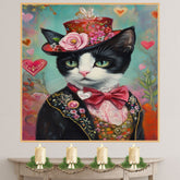 Dapper Love: Tuxedo Cat in a Red Hat and Black Suit with a Heartfelt Touch - Elegant Valentine's Painting on Ready to Hang 1.5" Thick Canvas Wrap, Floating Framed Canvas, Flat Rolled Canvas